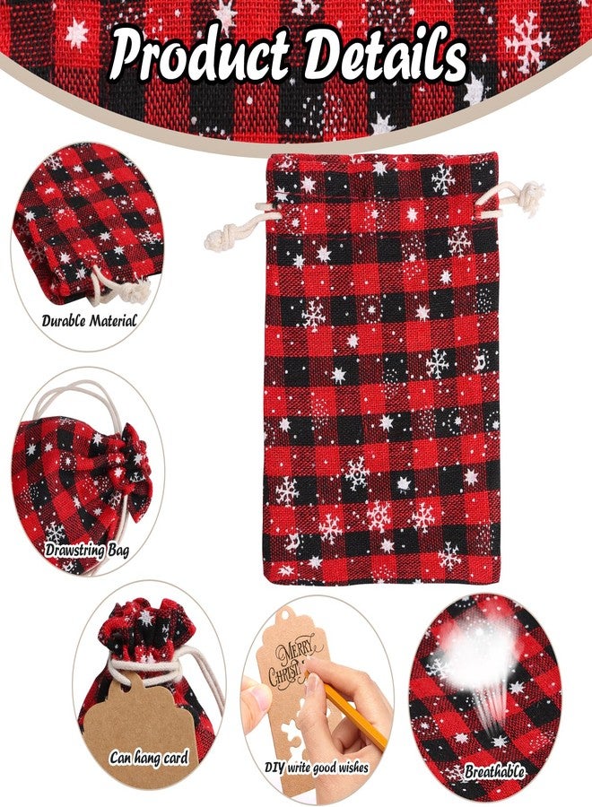 FOIMAS 24pcs Christmas Buffalo Plaid Drawstring Bag Xmas Snowflake Line Plaid Gift Treat Bags with Kraft Gift Tags for Christmas Gift Wrapping Party Favor Supply，Red - Image 3